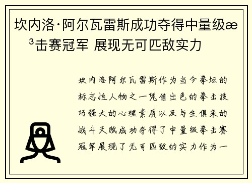 坎内洛·阿尔瓦雷斯成功夺得中量级拳击赛冠军 展现无可匹敌实力