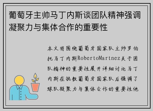 葡萄牙主帅马丁内斯谈团队精神强调凝聚力与集体合作的重要性