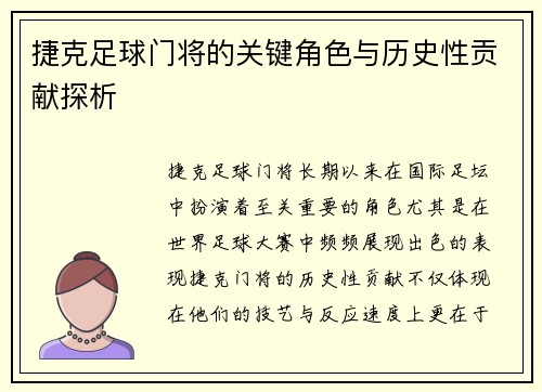 捷克足球门将的关键角色与历史性贡献探析