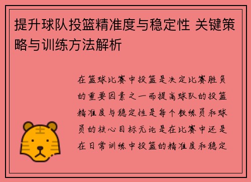 提升球队投篮精准度与稳定性 关键策略与训练方法解析