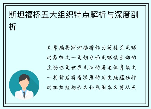 斯坦福桥五大组织特点解析与深度剖析